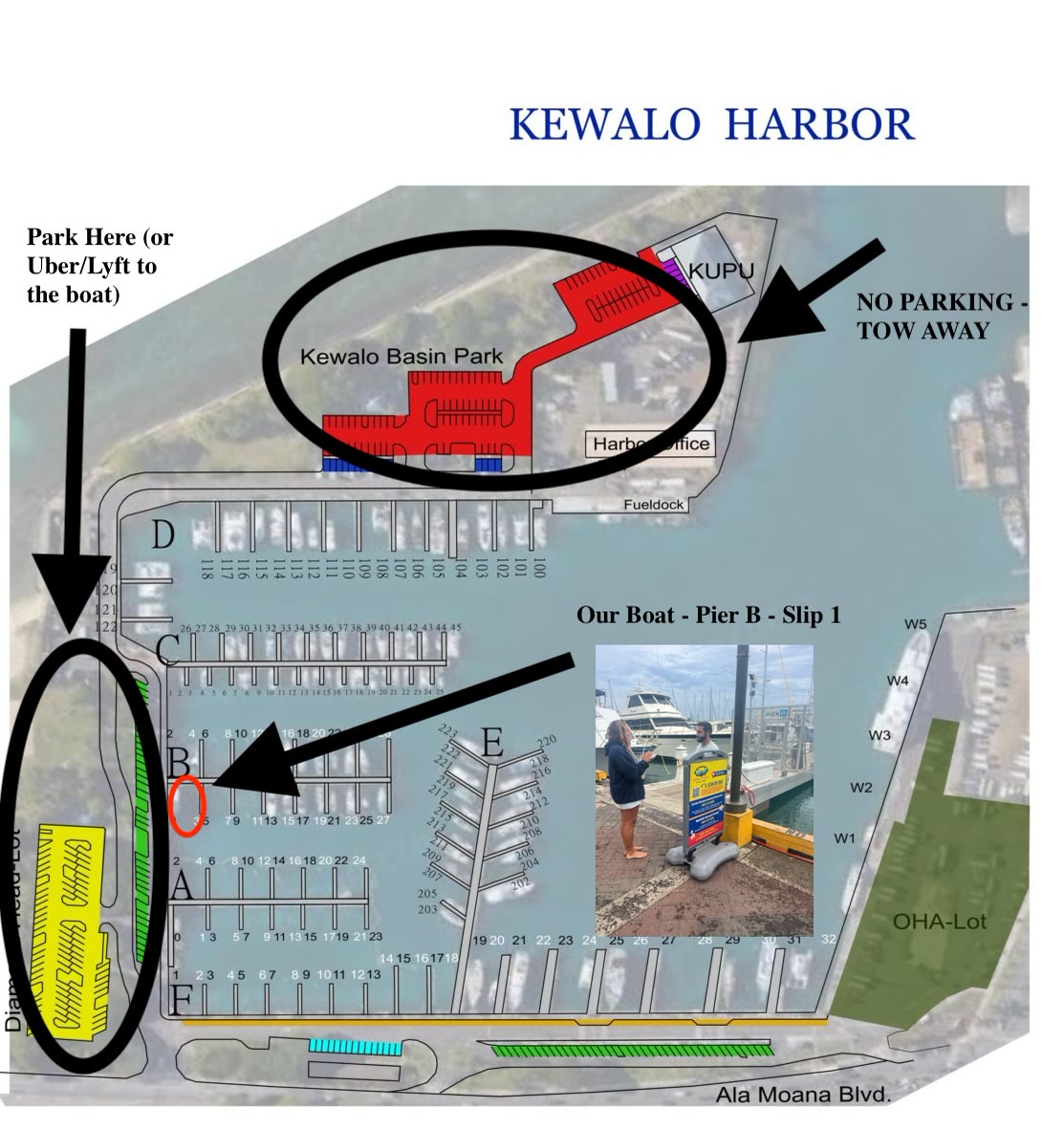 Living Ocean Tours guest parking map at Kewalo Basin Harbor